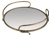 Rund bakke med spejlet bund og en guldfarvet metalramme med to buede håndtag.