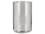 En klar, høj cylindrisk glasvase med glatte sider og åben top, placeret mod en hvid baggrund.