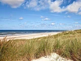 Strandscene med højt grønt græs i forgrunden, sandstrand, roligt blåt hav og en delvis overskyet himmel over.