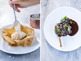 Til venstre: En hånd øser sauce over fisk i pergamentpapir på en tallerken. Til højre: En tallerken med kød garneret med mikrogrønt og serveret med mørk sauce.