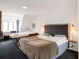 Hotelværelse med dobbeltseng, udtrækssofa, moderne lamper, mønstret gulvtæppe, et lille bord med stole og et vindue, der lukker naturligt lys ind.
