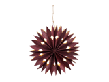 En bordeauxfarvet papirstjerne med spidse kanter, diamantformede udskæringer og en snor til ophængning, vist på en hvid baggrund.