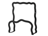 Et sort, bølgekantet metalobjekt, der ligner et abstrakt eller minimalistisk stoleramme med kurvede linjer og uden sæde eller ryglæn.