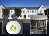 En hvid bygning med træer foran, en moderne spisestue med opdækkede borde og en anrettet gourmetdessert på et hvidt fad.