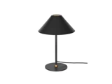 En moderne sort bordlampe med kegleformet skærm, spinkelt skaft, rund fod og synlig netledning.