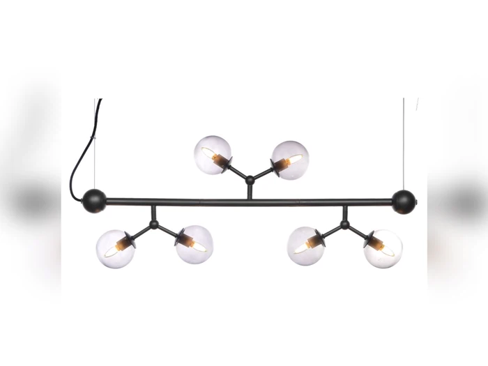 Moderne sort lysekrone med seks synlige pærer i glaskugler, arrangeret i et lineært, symmetrisk grenlignende design.