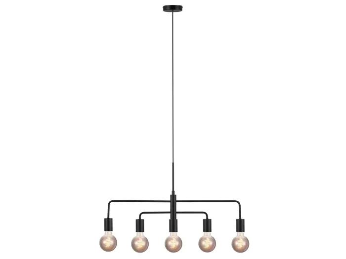 Moderne sort lysekrone med fem synlige pærer, der hænger fra en central stang og et tyndt kabel i loftet.