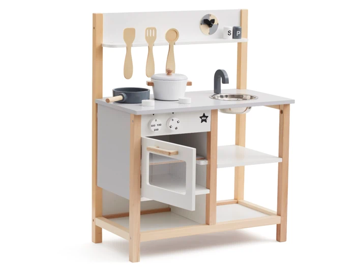 Kids Concept, Køkken m. tilbehør, Hvid, Natur, MDF, Poppeltræ,  L:56,5 x B:30 x H:73 cm