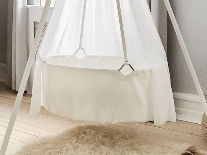 Leander, Classic, Vugge m. madras, Hvid, Stål; Vuggepose: Økologisk bomuld, H:30xB:50xL:83 cm