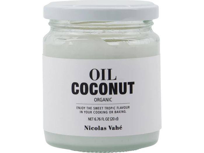 En glaskrukke med økologisk kokosolie med hvidt låg og en hvid etiket med teksten OIL COCONUT ORGANIC by Nicolas Vahé, 6.76 fl oz (200 ml).