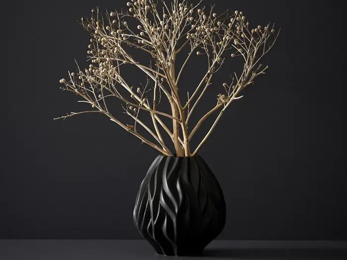 En sort, skulpturel vase holder tørre, beige grene med frøkapsler mod en mørk baggrund.