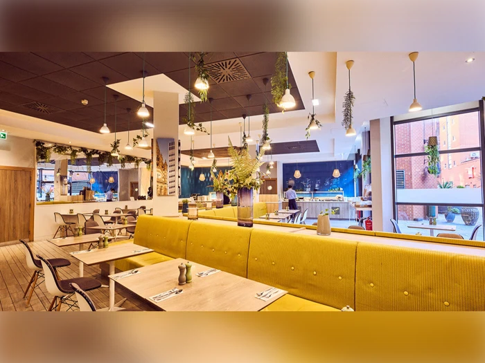 Moderne restaurantinteriør med gule polstrede siddepladser, træborde, hængende planter og store vinduer, der lukker naturligt lys ind. En person står ved selvbetjeningsdisken i baggrunden.