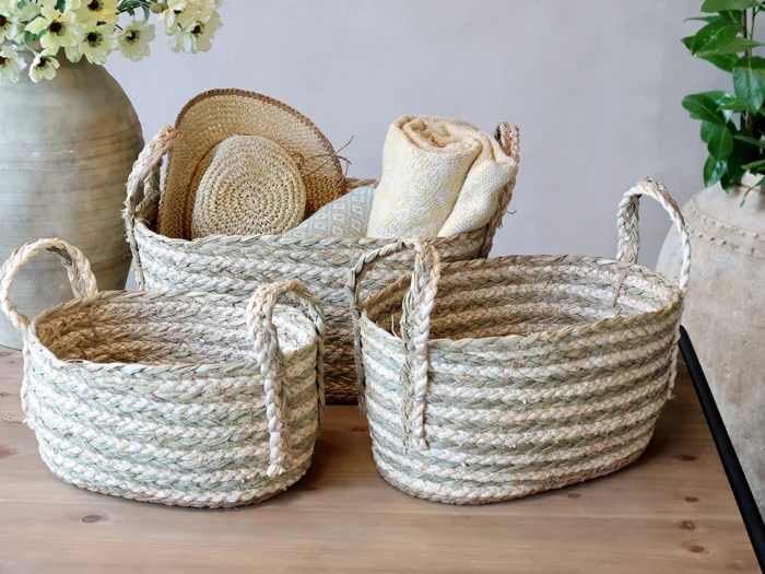 Chic Antique, Kurve, Creme, Verte, Søgræs, Majsreb, Sæt af 3 stk. H19/L32/B22 cm, H21/L40/B27 cm