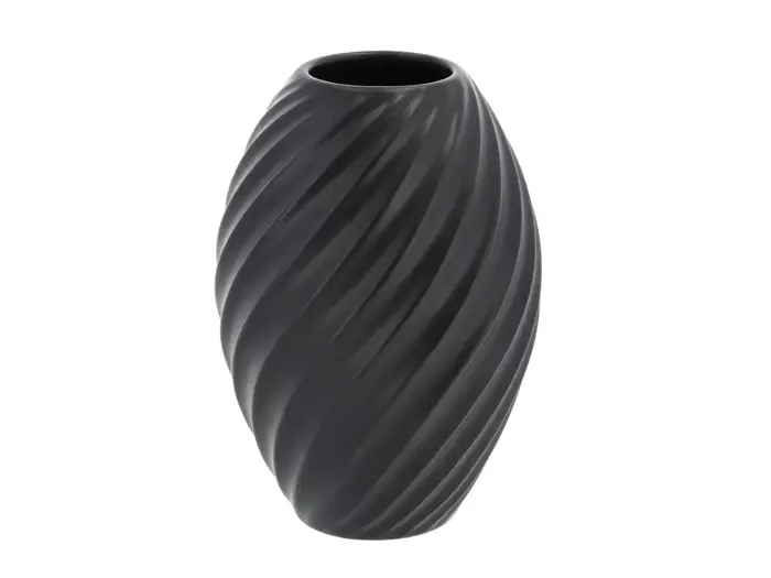 En sort keramikvase med en mat finish og en spiralformet, riflet struktur, der løber diagonalt rundt på overfladen.