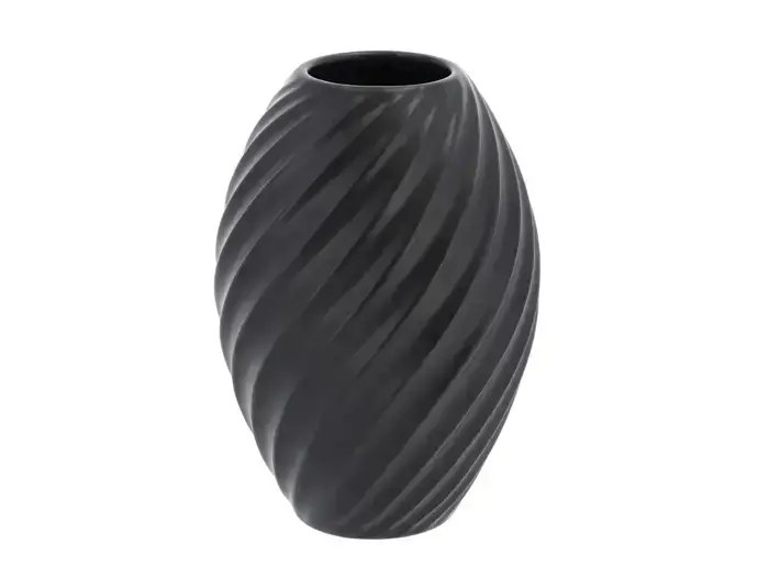 Sort vase med en afrundet, spiralformet, ribbet overflade.