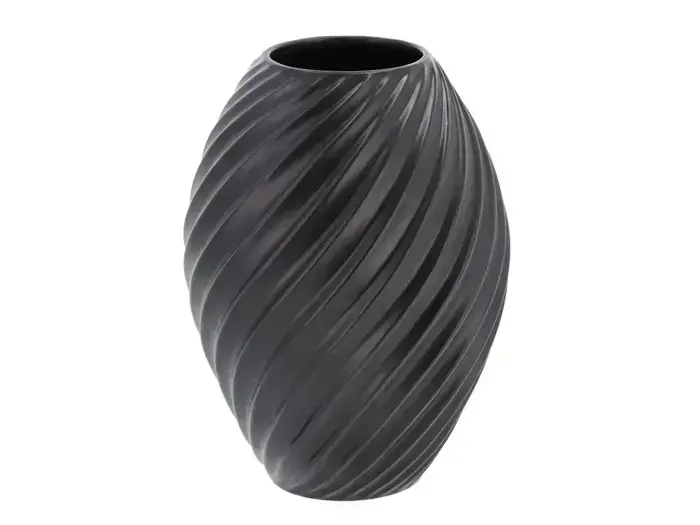 Sort vase med en afrundet, spiralformet, riflet overflade.