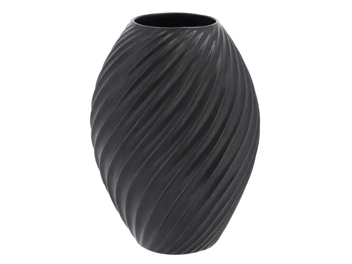 En høj, sort keramikvase med en mat finish og en spiralformet, riflet struktur, der snor sig rundt om overfladen.