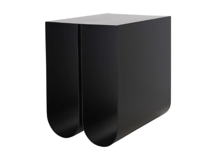 Et moderne sort sidebord med en rektangulær plade og to U-formede ben på en hvid baggrund.