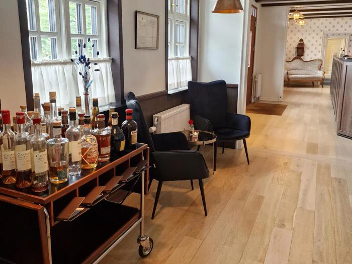 Et hyggeligt loungeområde med to mørke stole, et lille bord og en vogn med spiritusflasker i et solbeskinnet rum. En seng er synlig i baggrunden.