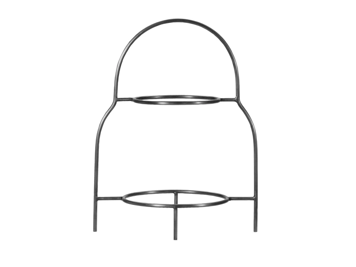 Planteholder i sort metal med to runde holdere, hvor den ene er højere end den anden, forbundet med buede stænger og understøttet af en enkel ramme.