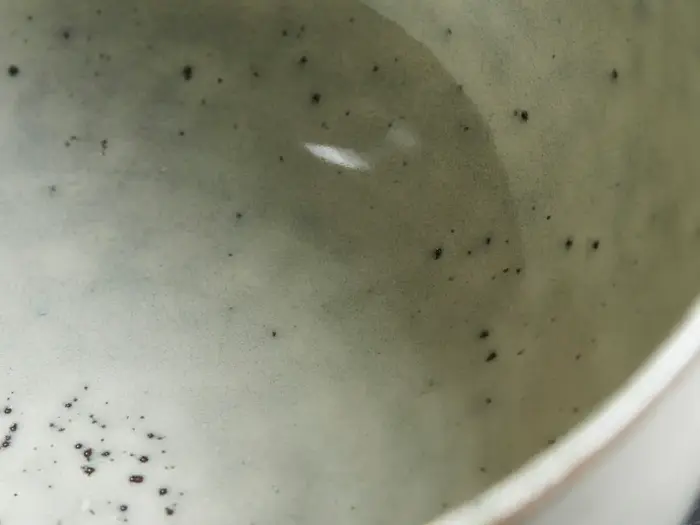 Nærbillede af indersiden af en keramikskål med lys glasur og spredte små mørke pletter.