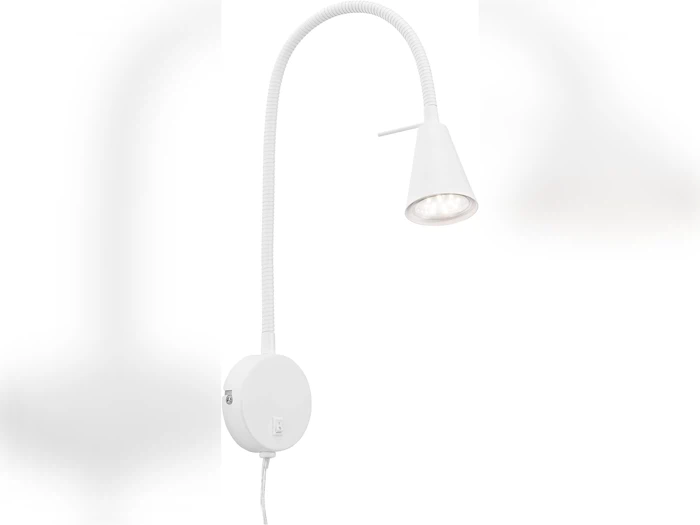 En moderne hvid væglampe med en fleksibel, justerbar arm og en konisk lampeskærm, designet til målrettet belysning.