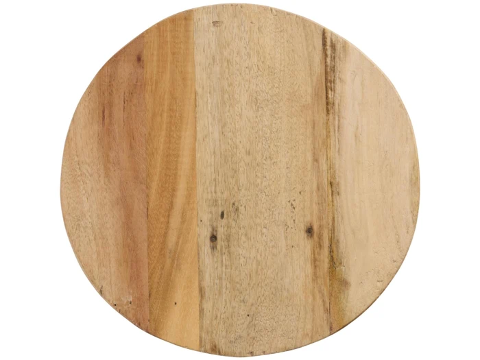 Et rundt skærebræt af træ med naturlige træmønstre og små farvevariationer.