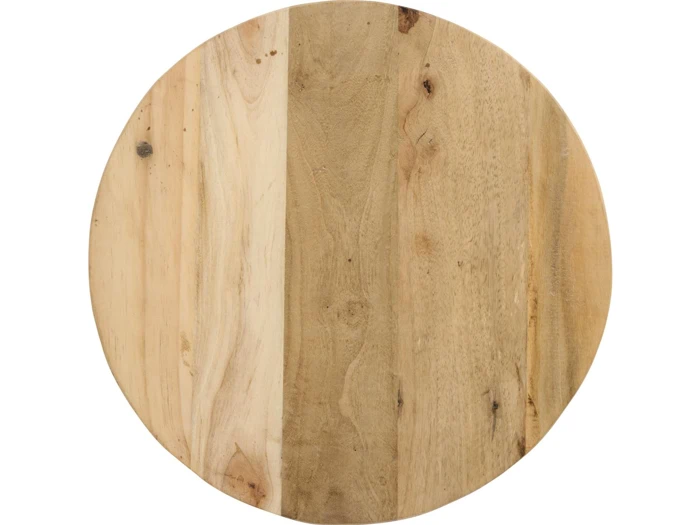 Rund træplade med naturligt træmønster og små farvevariationer, set ovenfra mod en hvid baggrund.