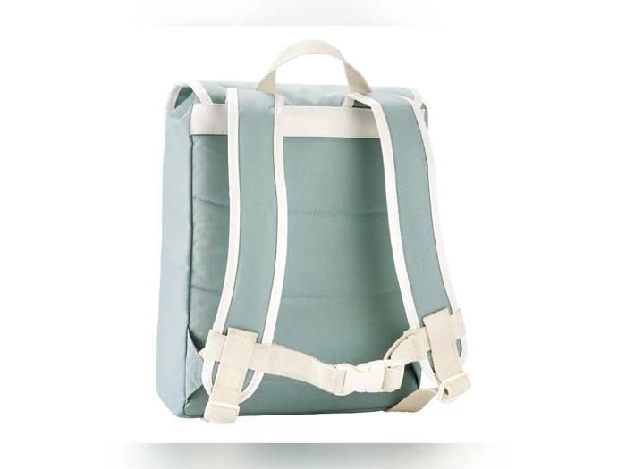 En lysegrøn rygsæk med hvide justerbare stropper og et spænde, set bagfra mod en hvid baggrund.