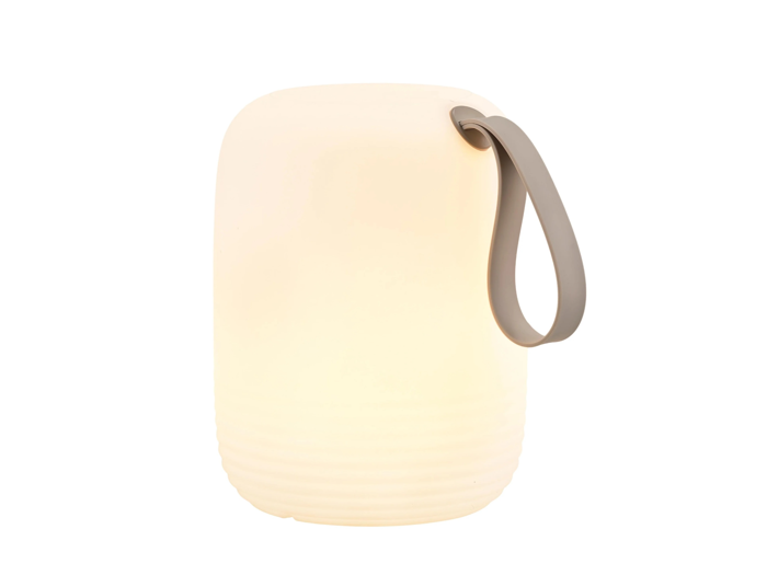 En moderne, hvid, oval lanterne med riflet bund og et gråt, buet håndtag på toppen.