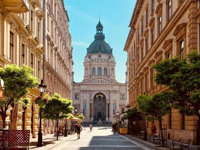En brostensbelagt gade med træer og historiske bygninger fører til en stor kuppelformet kirke under en klar blå himmel.