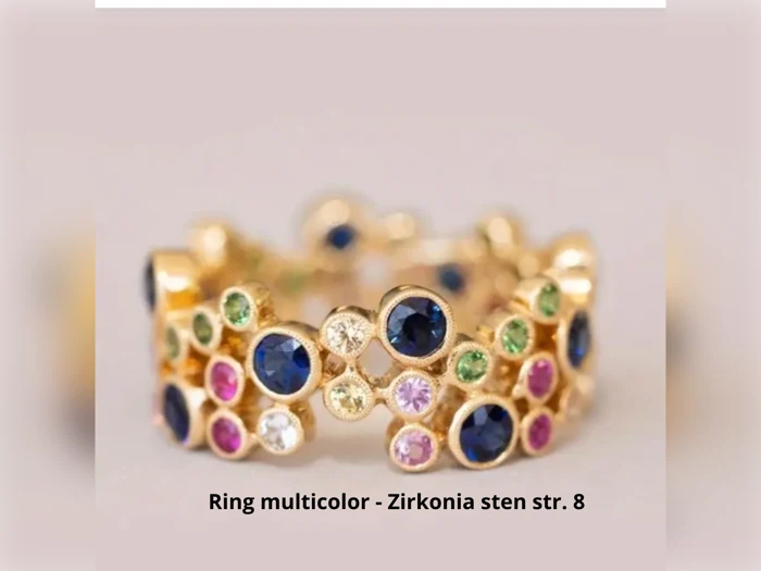 Guldring med flere runde zirkonia-sten i blå, grønne, rosa og klare farver; teksten nedenunder lyder: Ring multicolor - Zirkonia sten str. 8.