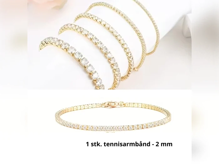 Fire tennisarmbånd i guld med klare ædelsten, vist fra forskellige vinkler ovenfor, og et tennisarmbånd i guld med små sten, vist nedenfor med teksten 1 stk. tennisarmbånd - 2 mm.