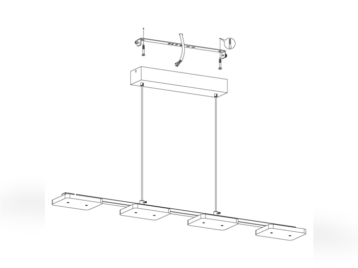 Stregtegning af et loftsmonteret lysarmatur med fire rektangulære lamper, der viser monteringsbeslag, ledninger og samlingskomponenter.