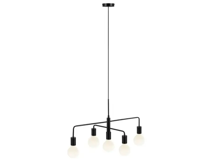 En moderne sort lysekrone med fem synlige runde pærer, der hænger fra vandrette arme, ophængt i en lang lodret stang.