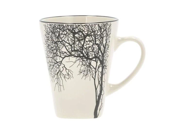 Et cremefarvet keramikkrus med et sort grenmotiv, der snor sig om den øverste del, og en hank på højre side.