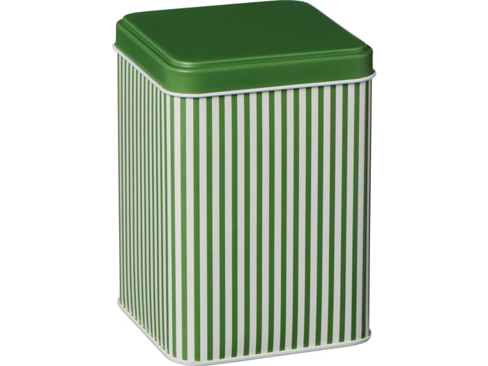 En rektangulær blikbeholder med grønt låg og lodrette grønne og hvide striber på siderne.