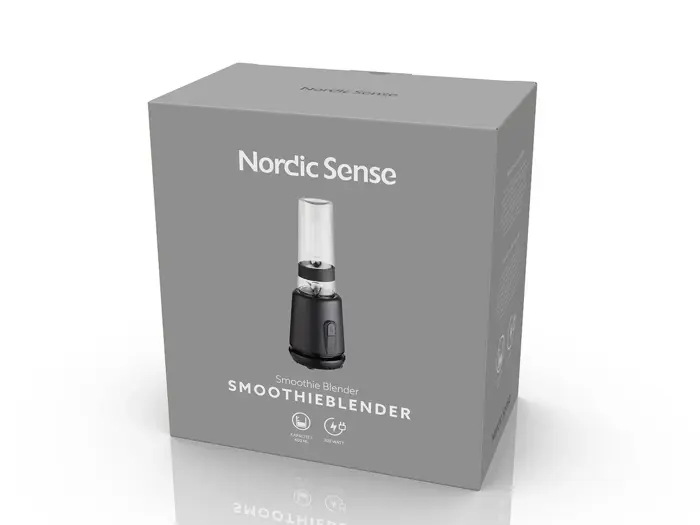 Grå emballage til en Nordic Sense Smoothie Blender med et billede af blenderen og produktnavnet på forsiden.