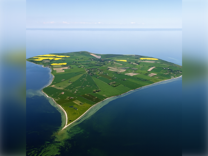 Luftfoto af en grøn, mosaikagtig landbrugshalvø omgivet af roligt blåt vand med gule marker og en lille sandstrand på spidsen.