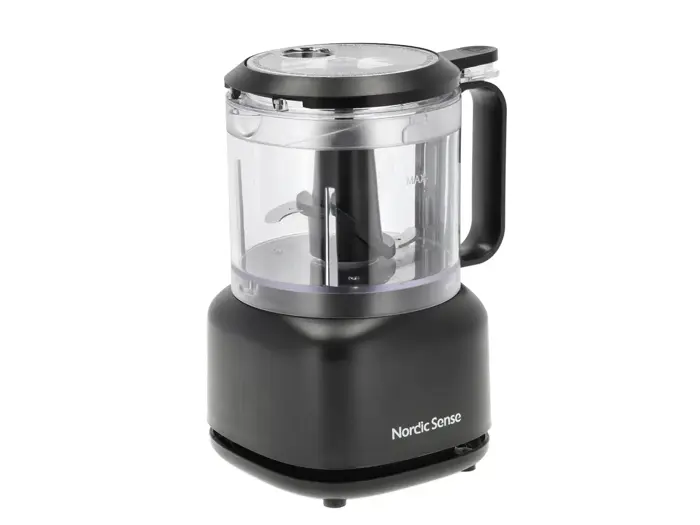 En sort og gennemsigtig Nordic Sense-foodprocessor med håndtag, gennemsigtigt låg og synlige knive i rustfrit stål.