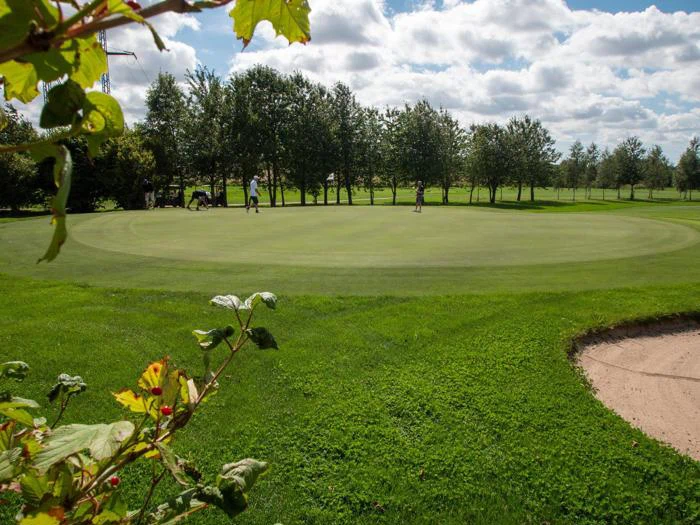 To personer står på en golfgreen omgivet af træer, med en sandbunker i forgrunden og en overskyet himmel over sig.