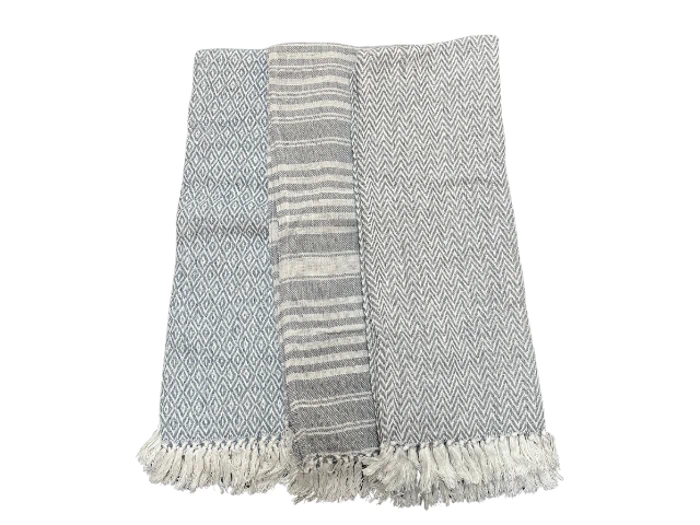 Et foldet gråt og hvidt vævet tæppe med tre forskellige mønstre og frynsede kanter.