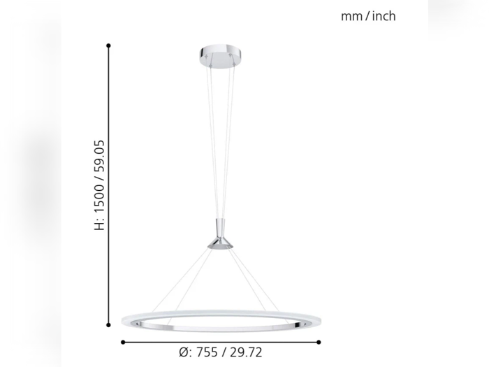 Moderne cirkulær pendel med ringdesign, ophængt i loftet med tre ledninger. Højde: 1500 mm (59,05 in), diameter: 755 mm (29,72 in). Målene er vist i mm/tommer.