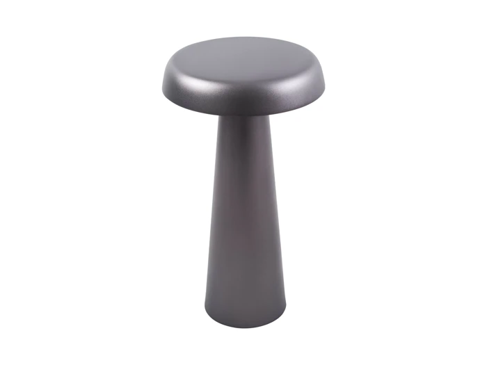 En moderne, metallisk, mørkegrå skammel med et rundt sæde og en bred, tilspidset base på en almindelig hvid baggrund.