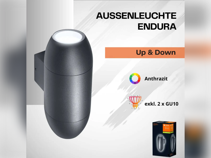 Et matsort udendørs vægarmatur mærket Aussenleuchte Endura, med Up & Down og symboler for antracitfarve og to GU10-pærer. En produktkasse er vist i hjørnet.