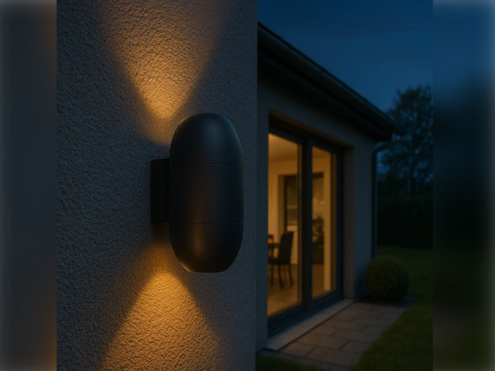 En moderne udendørs væglampe udsender varme, lodrette stråler foroven og forneden, monteret på et hus udvendigt nær store glasdøre i skumringen.