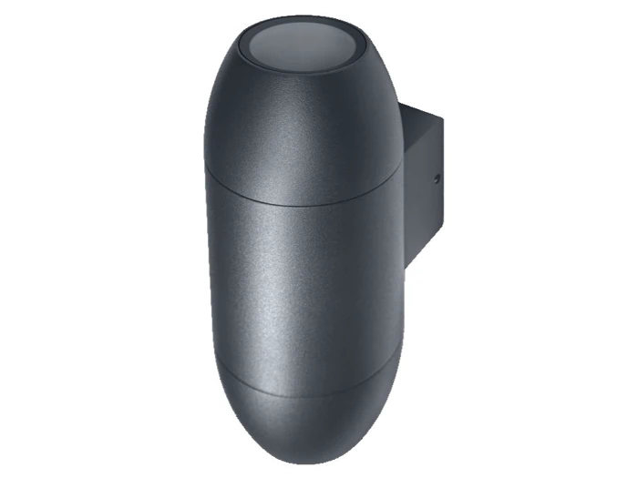 En slank, cylindrisk sort vægmonteret udendørslampe med afrundet top og bund mod en hvid baggrund.