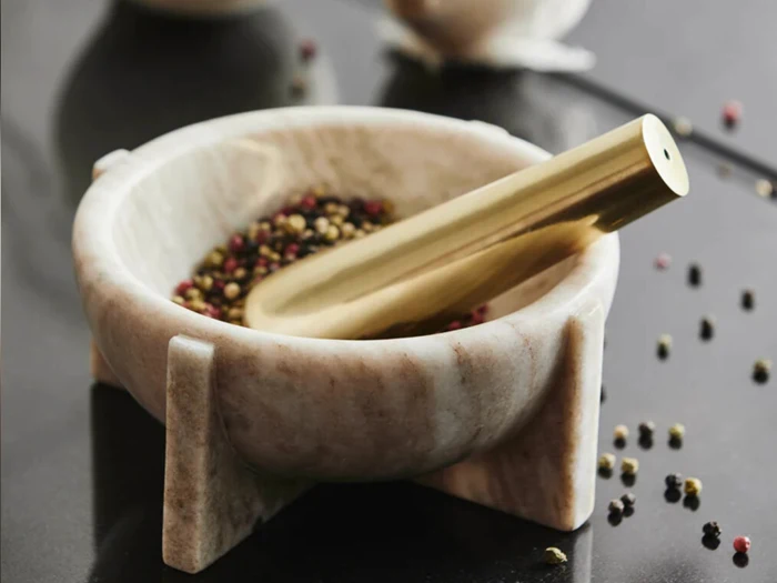 Nordal, Rocoto, Morter, Natur, Messing, Marmor, H:8 x Dia:17 cm