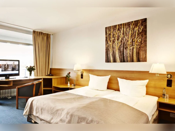 Moderne hotelværelse med en dobbeltseng, to hvide puder, beige sengetøj, hovedgærde i træ, skrivebord med stol, tv, vindue med beige gardiner og et kunstværk på væggen over sengen.
