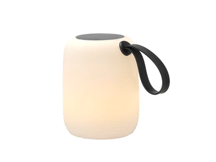 En moderne, cylindrisk, hvid lanterne med en sort, cirkulær top og et sort håndtag på siden.